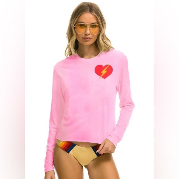 AVIATOR NATION WOMEN'S BOLT⚡️HEART ❤️ LONG SLEEVE BOYFRIEND TEE Pink Size Medium - Picture 1 of 11